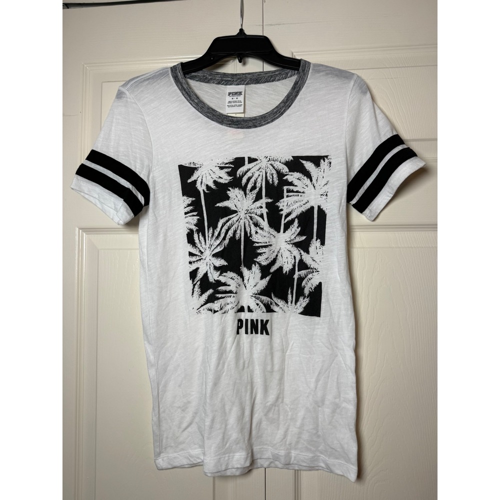 Victoria's Secret PINK White Tropical Palm Logo Tee